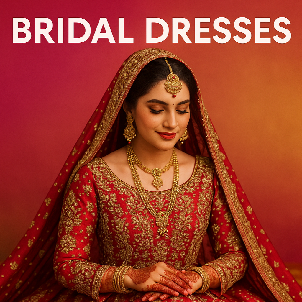 generate me a pakistani girl image wearing pakistani bridal ress and top of the image write bridal dresses and image size should be 600px width and 480px height make a vibrant color backgound and center top the text color is white make sure not write on the girl